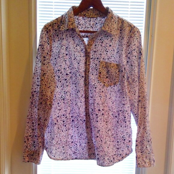 Womens Bohemian "Floral Spackle Collage" Button Down Collared Long Sleeve Top - Picture 1 of 9